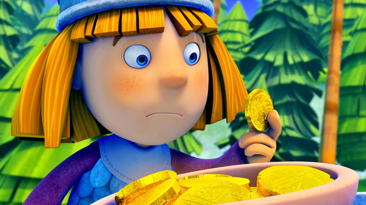 Wickie betrachtet mit nachdenklichem Gesicht eine Schale voller Goldmünzen.