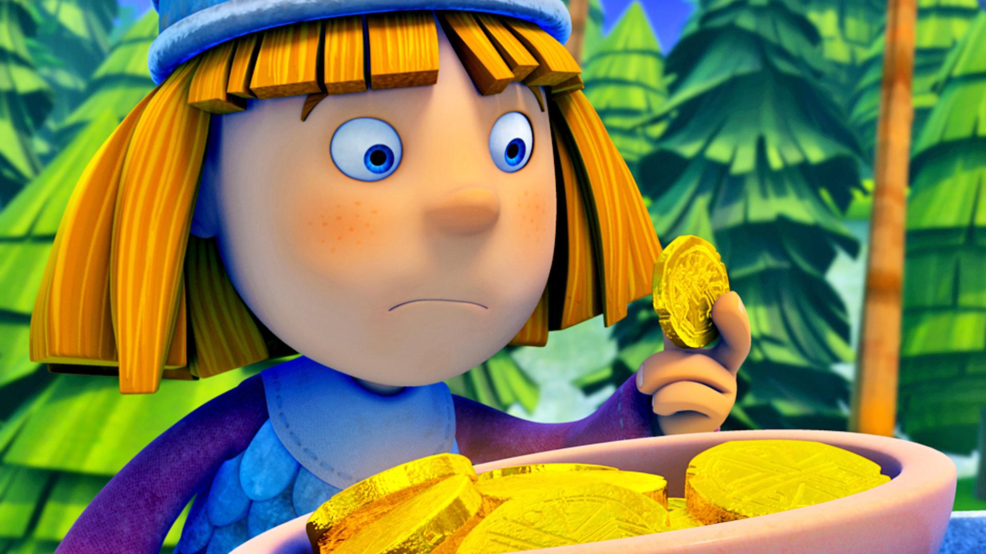 Wickie betrachtet mit nachdenklichem Gesicht eine Goldmünze, die sie in ihrer linken Hand vor das Gesicht hält. Vor ihr steht eine Schüssel gefüllt mit weiteren Goldmünzen.