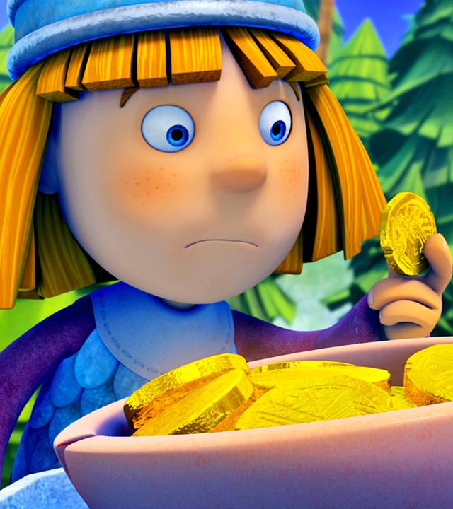 Wickie betrachtet mit nachdenklichem Gesicht eine Goldmünze, die sie in ihrer linken Hand vor das Gesicht hält. Vor ihr steht eine Schüssel gefüllt mit weiteren Goldmünzen.