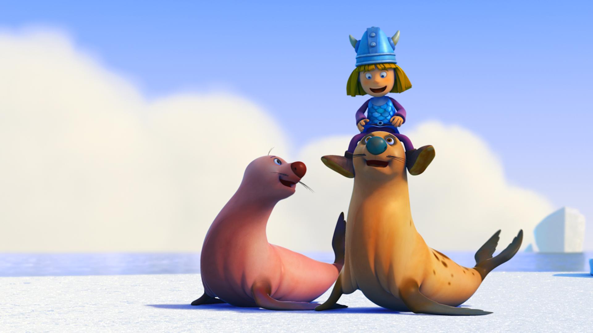 Wickie sitzt auf einer Robbe. 