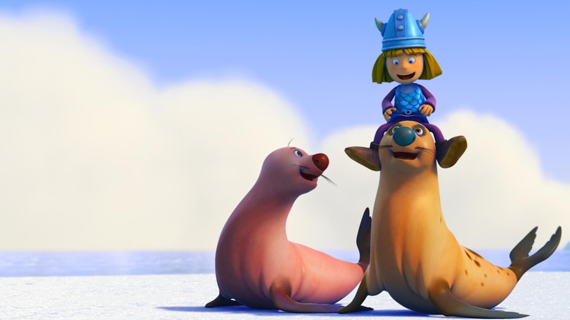 Wickie sitzt auf einer Robbe. 