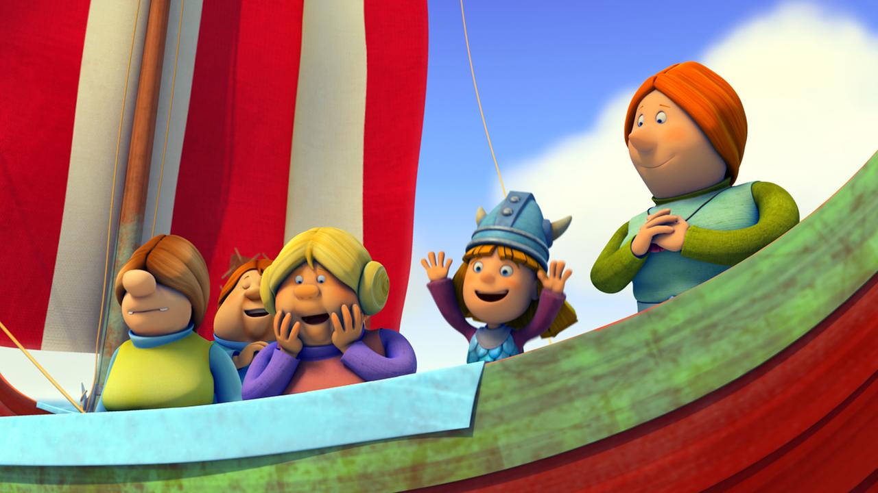 Die Frauen und Wickie stehen auf dem Drachenboot an der Reling.