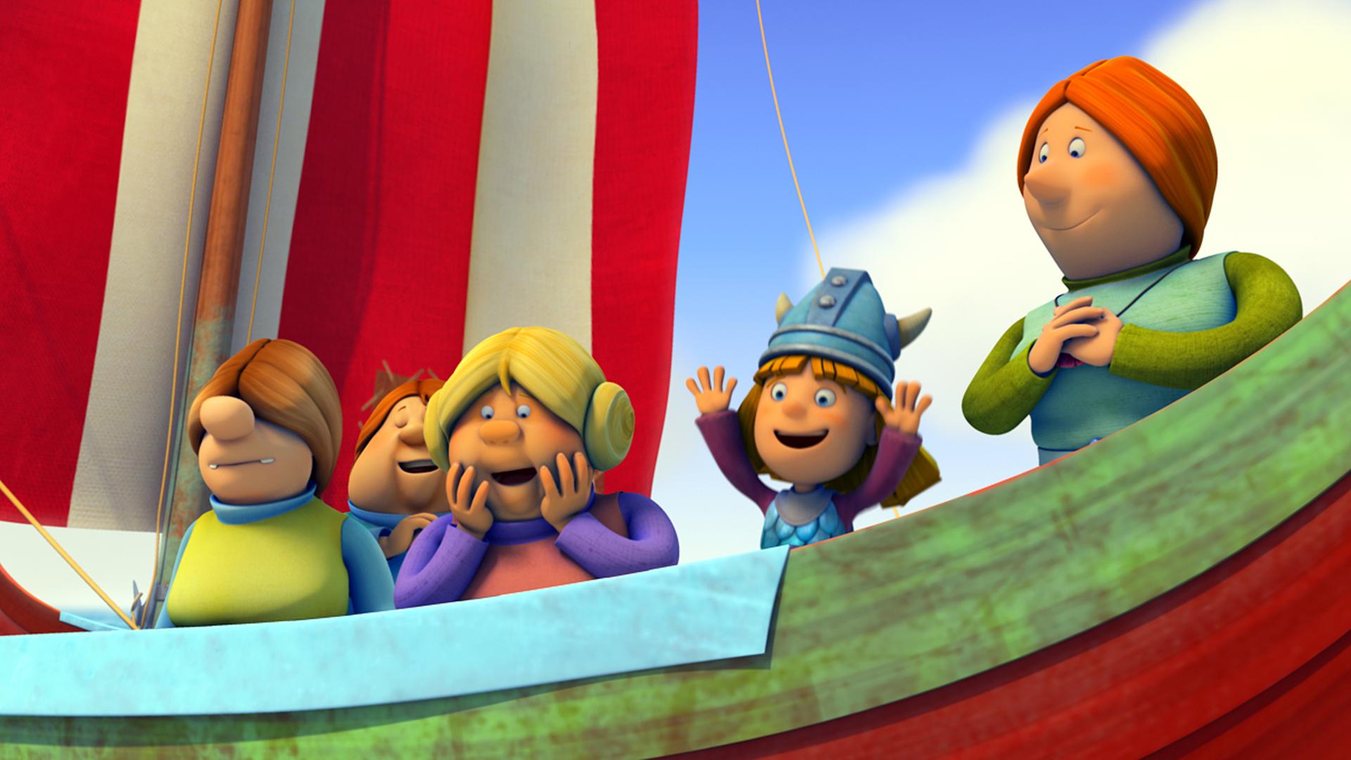 Die Frauen und Wickie stehen auf dem Drachenboot an der Reling.