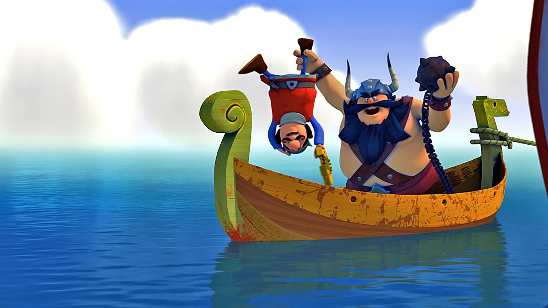 Sven hält Ulme am Knöchel über Kopf fest. Ulme hat seine Harfe in der linken Hand, Sven trägt seinen Morgenstern. Beide sind auf einem kleinen Beiboot.