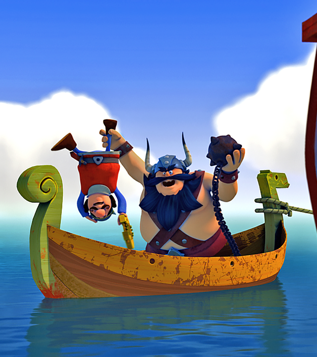 Sven hält Ulme am Knöchel über Kopf fest. Ulme hat seine Harfe in der linken Hand, Sven trägt seinen Morgenstern. Beide sind auf einem kleinen Beiboot.