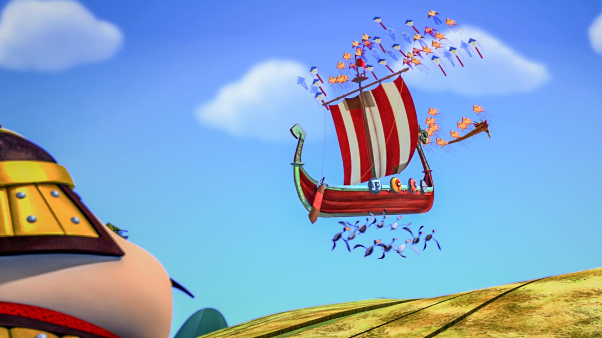 Das Boot der Wikinger wird von chinesischen Drachen durch die Lüfte getragen. Der chinesische General sieht zu.