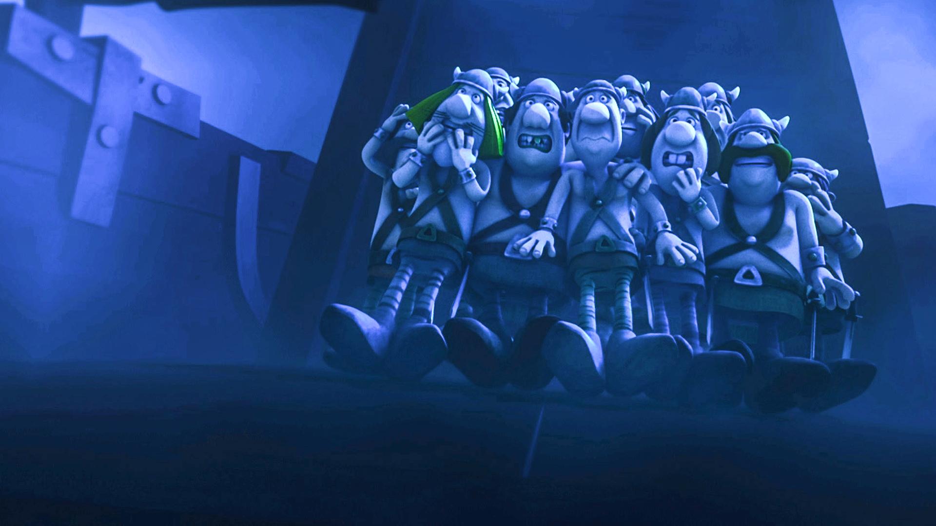 Die Wickinger-Bande steht dicht zusammengedrängt mit angsterfüllten Gesichtern auf dem Schiff und es herrscht eine schaurige Stimmung