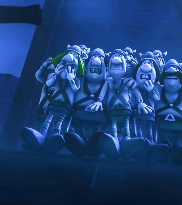 Die Wickinger-Bande steht dicht zusammengedrängt mit angsterfüllten Gesichtern auf dem Schiff und es herrscht eine schaurige Stimmung