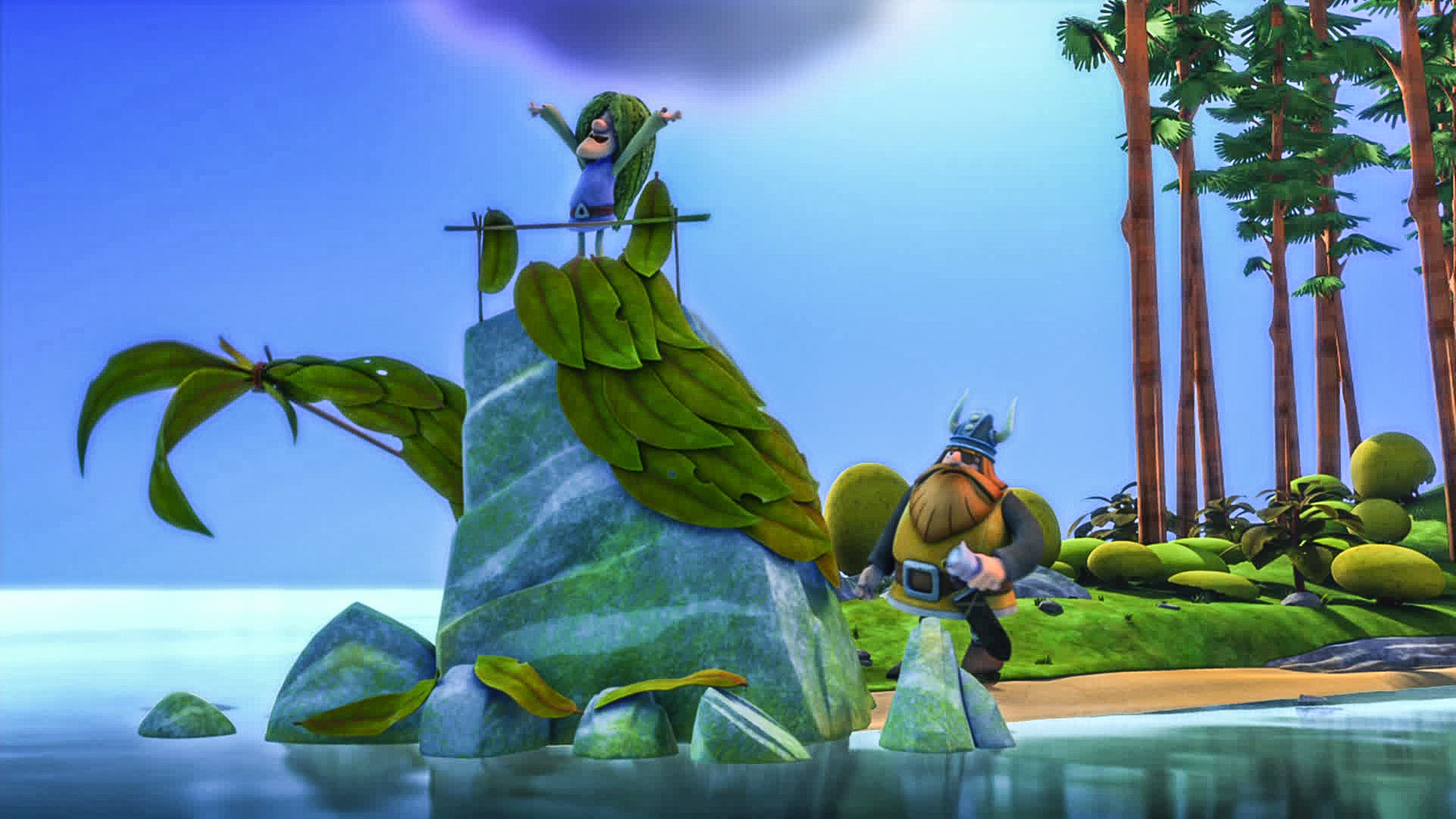 Tjure steht als Meerjungfrau verkleidet auf einem Felsen. Halvar versteckt sich dahinter. 