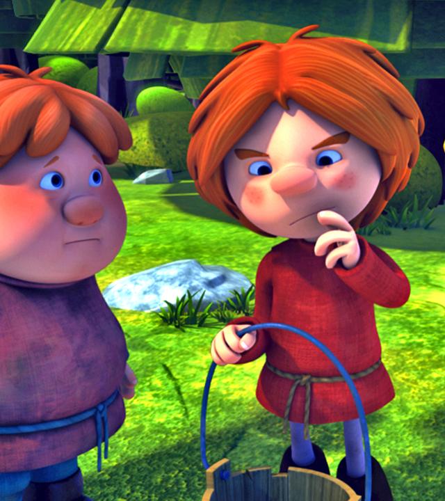 Gilby denkt nach. Dabei hält er in der rechten Hand einen Eimer. Links und rechts von ihm stehen seine Kumpanen und sehen verunsichert aus.