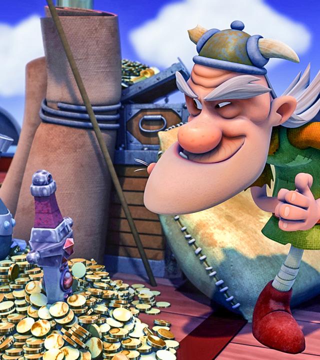 Der alte Mann steht nebem einem Haufen Goldmünzen und freut sich über diesen Schatz.