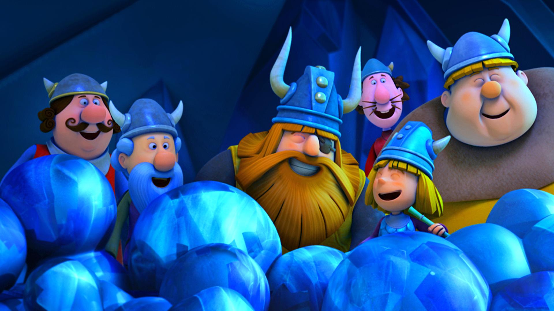 Halvar, seine Männer und Wickie, lachend in der Höhle der gefrorenen Stimmen.