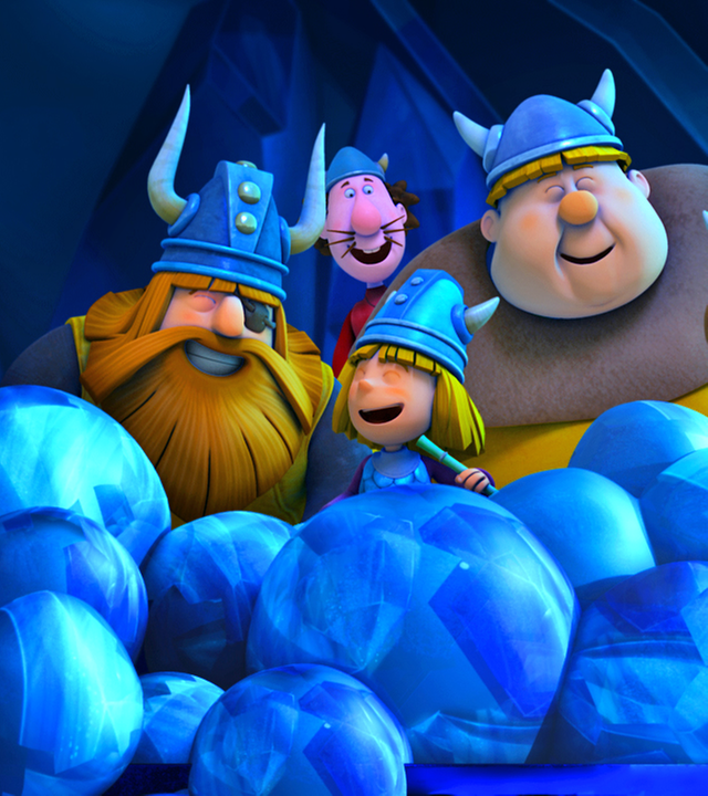 Halvar, seine Männer und Wickie, lachend in der Höhle der gefrorenen Stimmen.