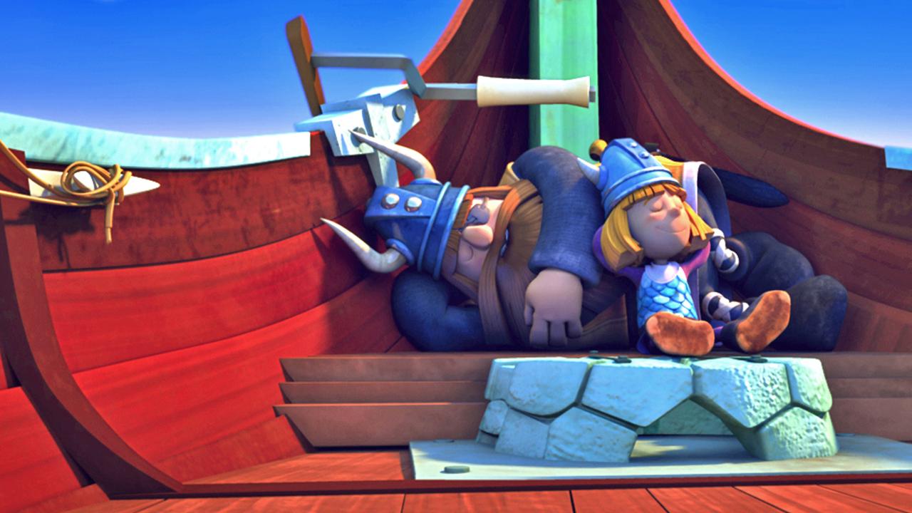 Wickie und sein Papa Halvar schlafen auf einem Boot.