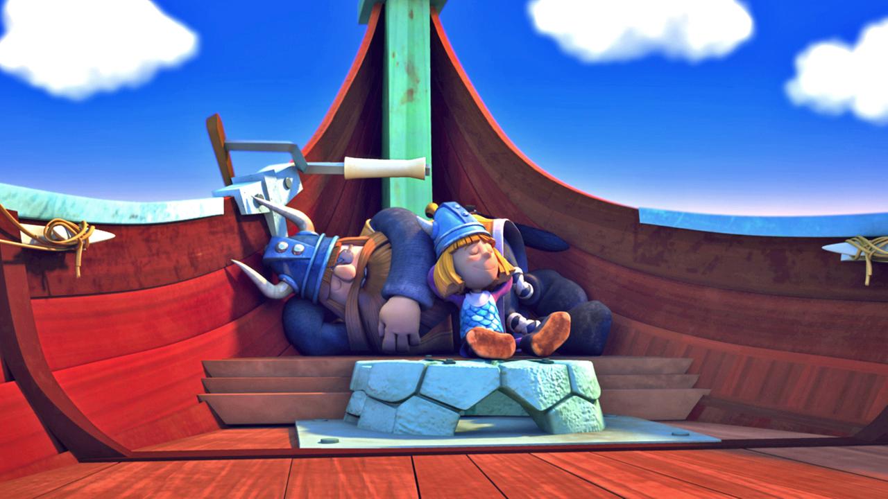 Wickie und sein Papa Halvar schlafen auf einem Boot.