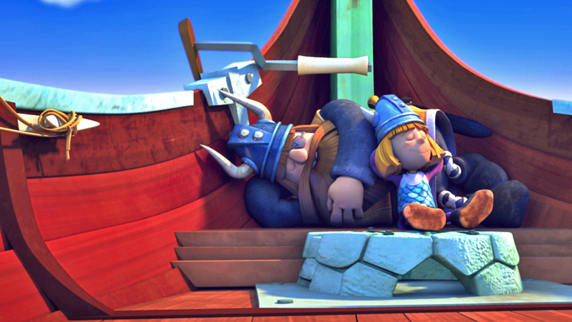 Wickie und sein Papa Halvar schlafen auf einem Boot.