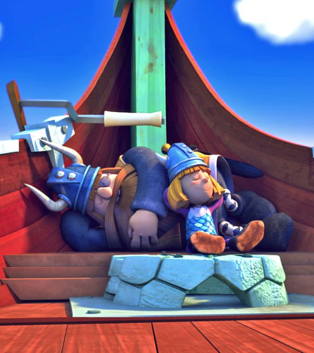 Wickie und sein Papa Halvar schlafen auf einem Boot.