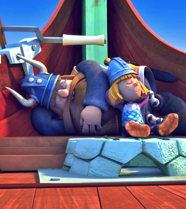 Wickie und sein Papa Halvar schlafen auf einem Boot.