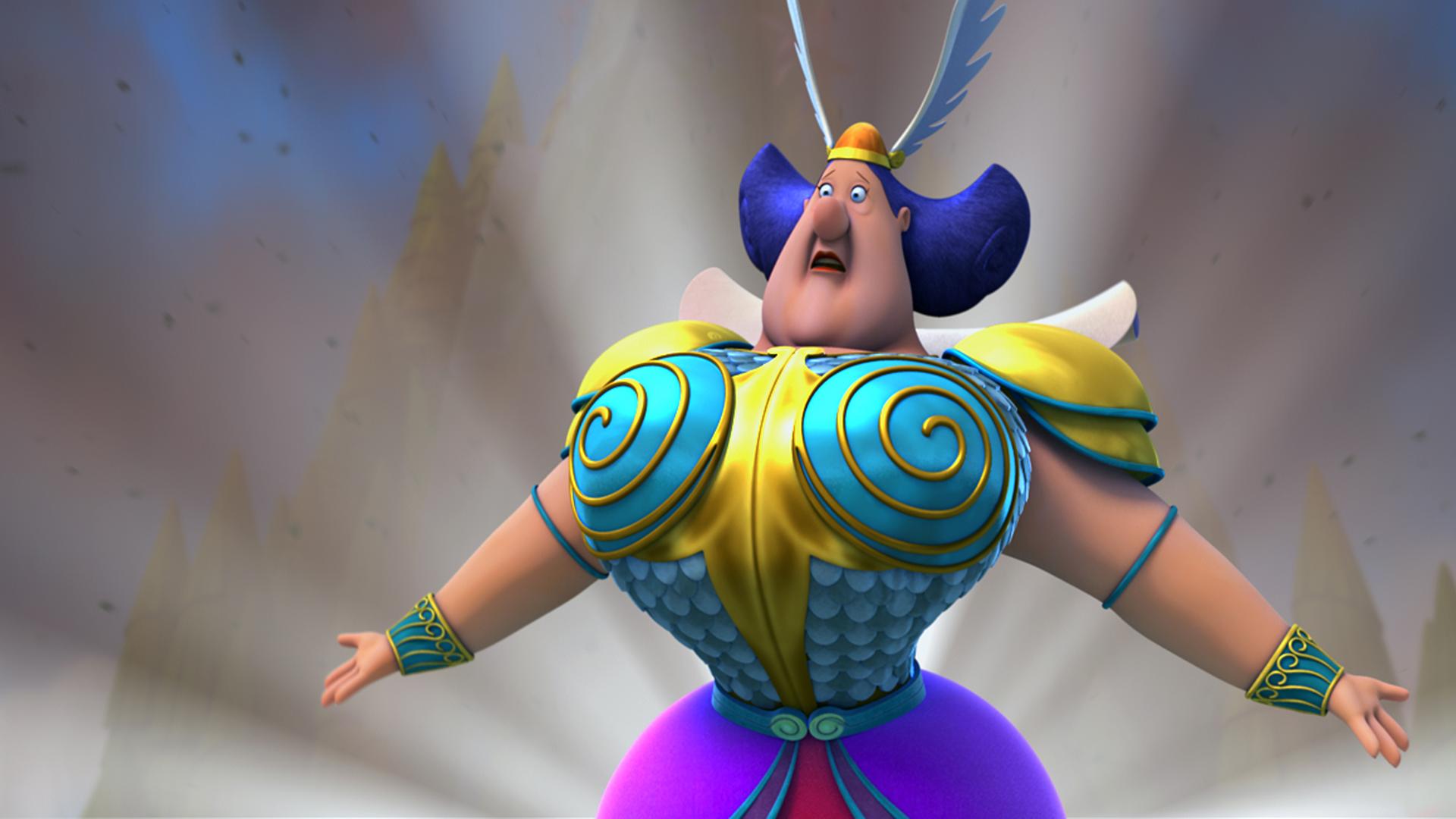 Die Windkönigin steht mit ausgebreiteten Armen da und schaut überrascht.