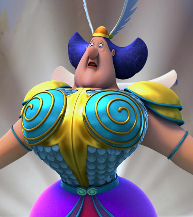 Die Windkönigin steht mit ausgebreiteten Armen da und schaut überrascht.