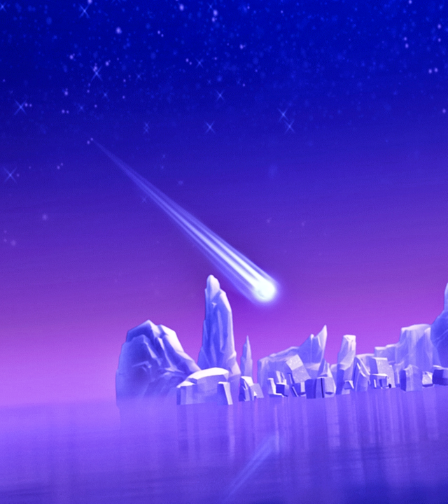 Eine Sternschnuppe zieht vor einem blau-lilanen Hintergrund von links nach rechts über Eisblöcke hinweg.