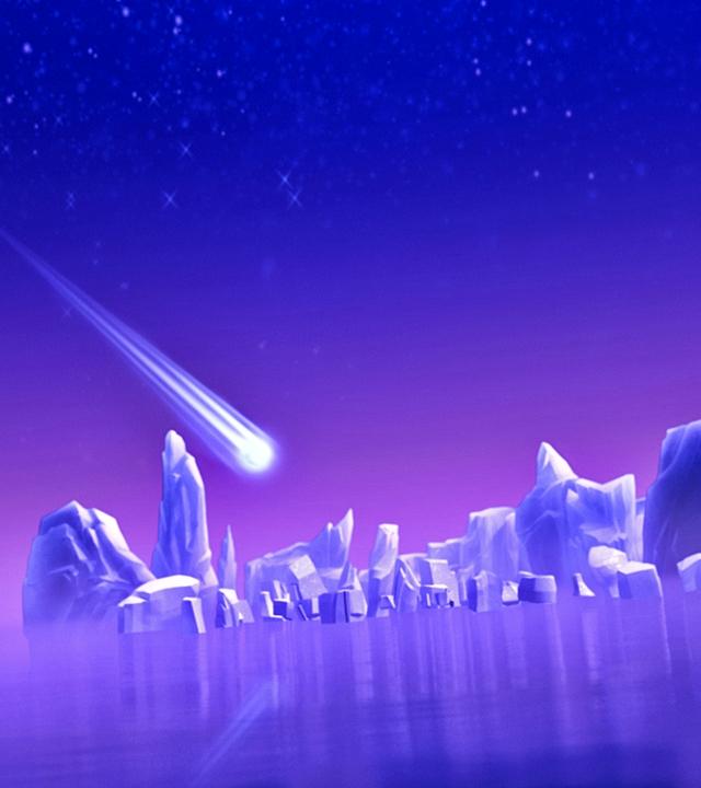 Eine Sternschnuppe zieht vor einem blau-lilanen Hintergrund von links nach rechts über Eisblöcke hinweg.