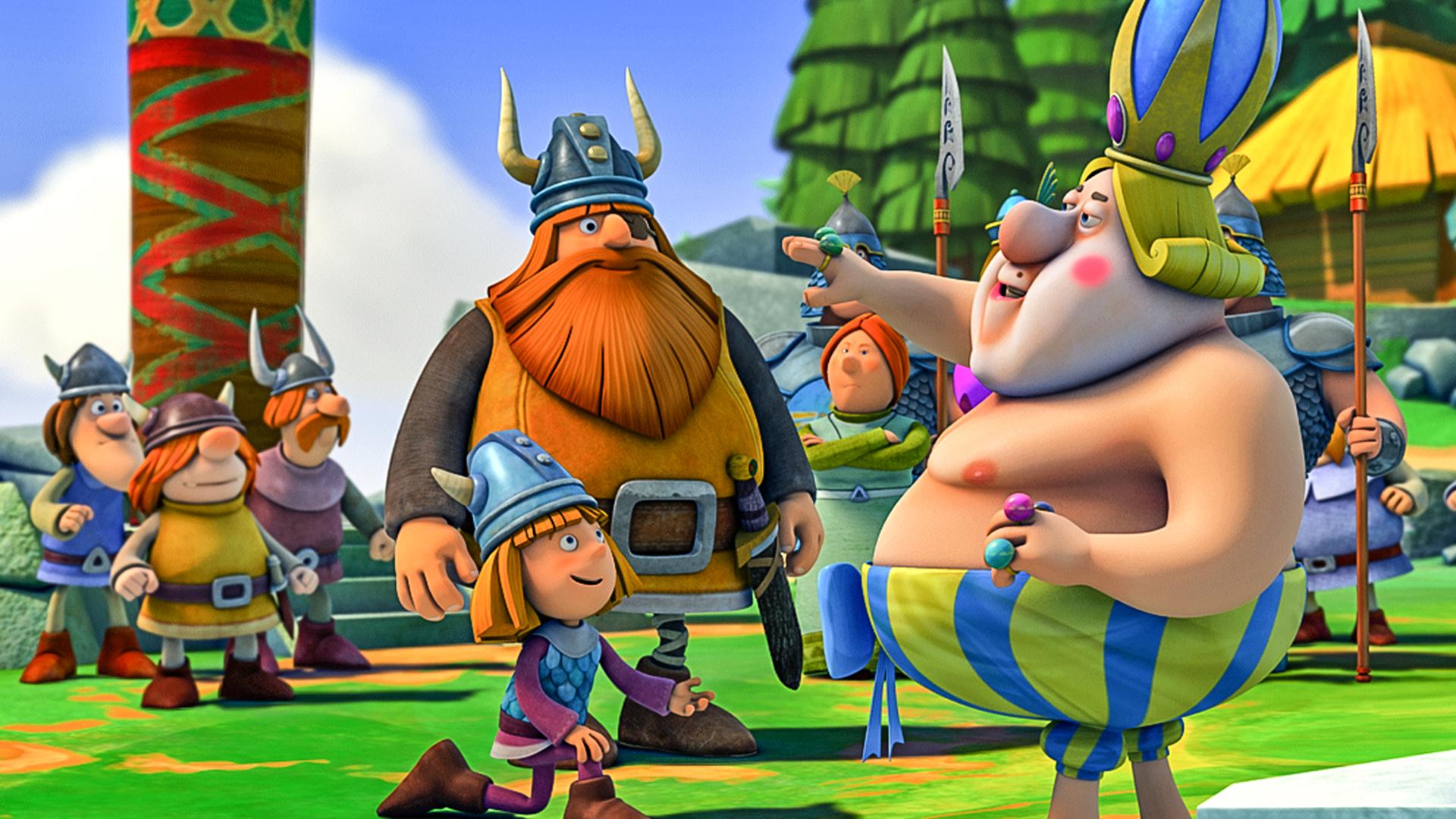 Der schwedische König probiert Wickies unsichtbare Rüstung an. Wickie kniet neben ihm.