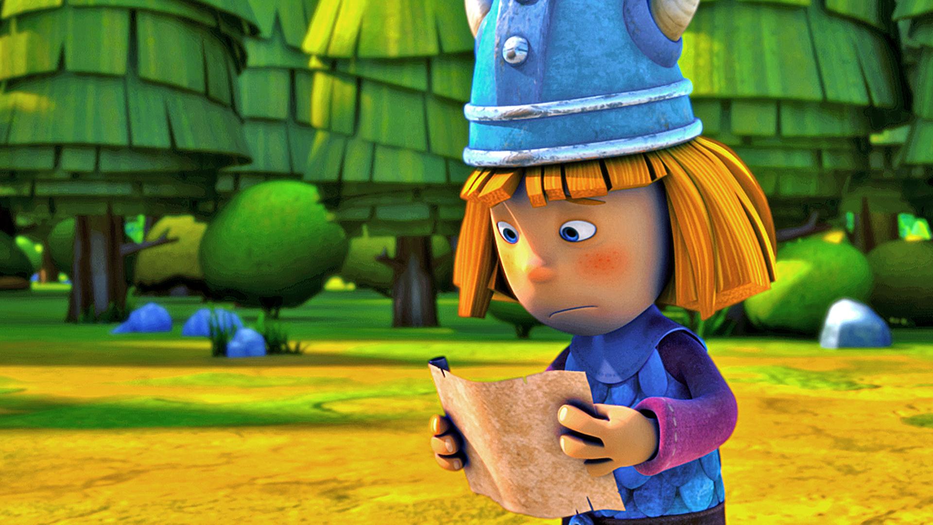 Wickie hält eine Schriftrolle in beiden Händen und liest darauf eine Aufgabe für seine Prüfung zum "wahren Wikinger". Er sieht besorgt aus.