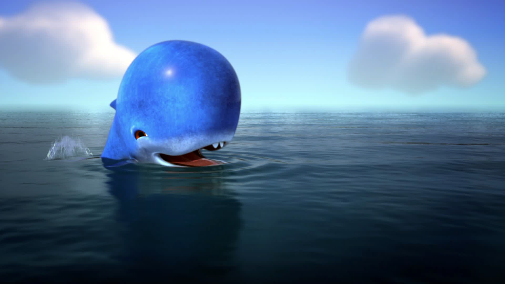 Der Wal, den Faxe gerettet hat, schwimmt glücklich im Meer und lächelt.