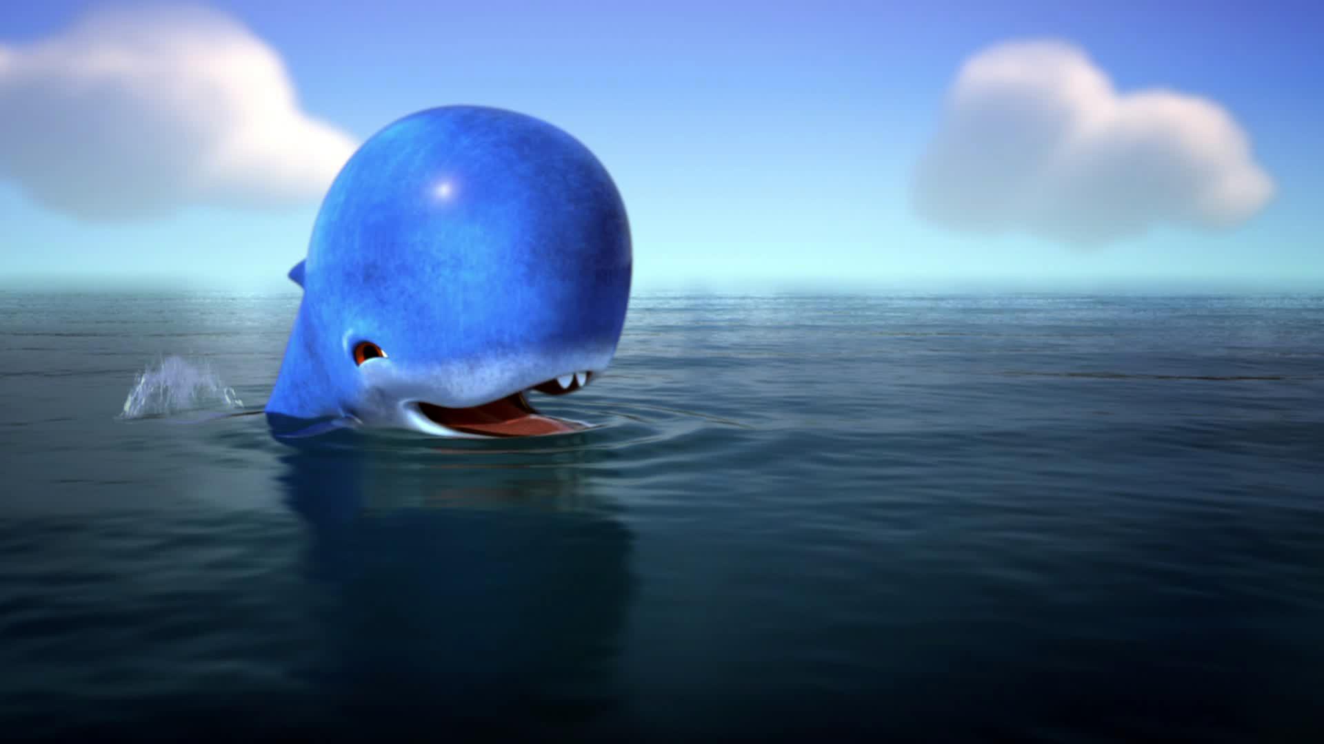 Der Wal, den Faxe gerettet hat, schwimmt glücklich im Meer und lächelt.