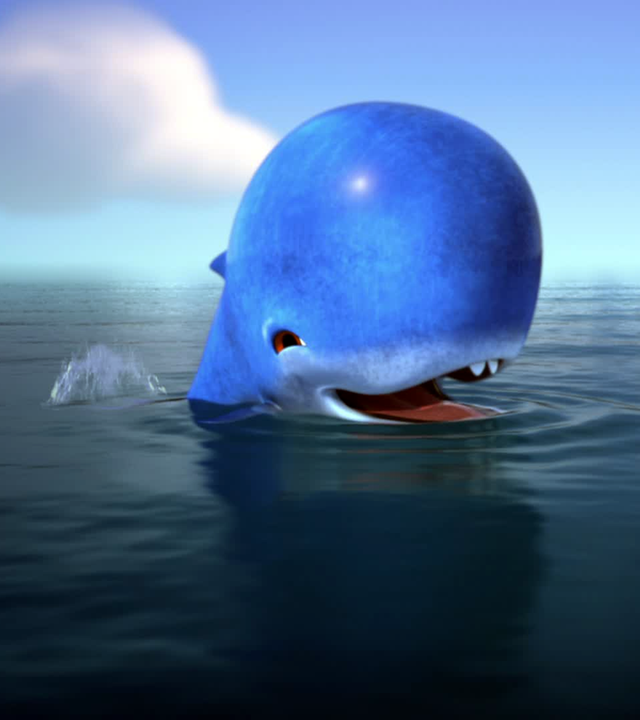 Der Wal, den Faxe gerettet hat, schwimmt glücklich im Meer und lächelt.