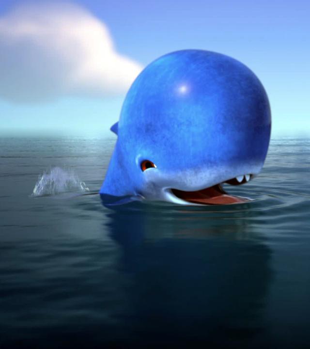 Der Wal, den Faxe gerettet hat, schwimmt glücklich im Meer und lächelt.