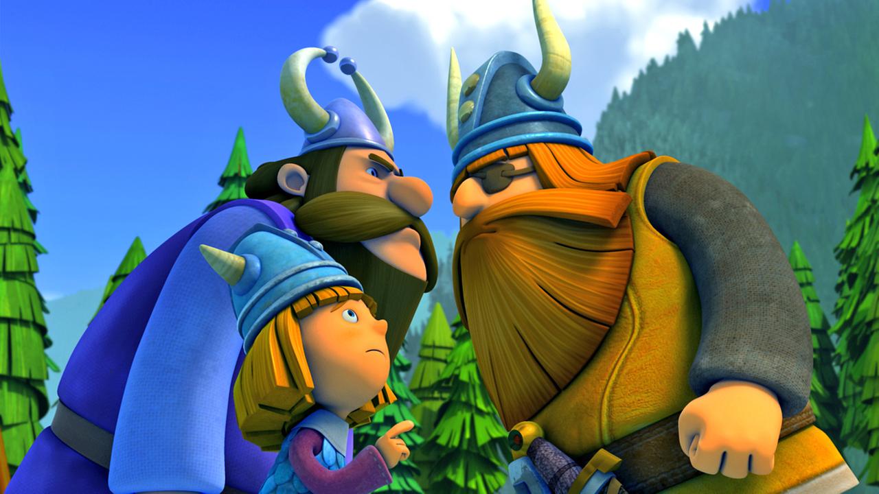 Halvar (rechts) und Baltak (links) stehen beinahe Nase an Nase und sehen sich böse an. Zwischen ihnen steht Wickie.