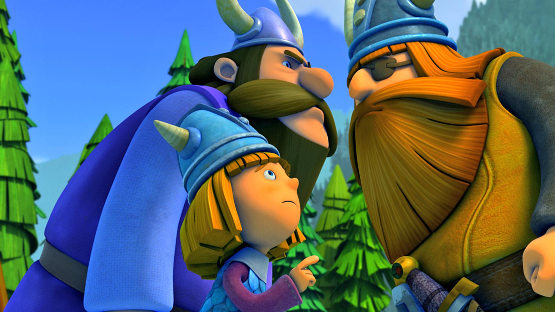 Halvar und Baltak stehen beinahe Nase an Nase und sehen sich böse an. Zwischen ihnen steht Wickie.