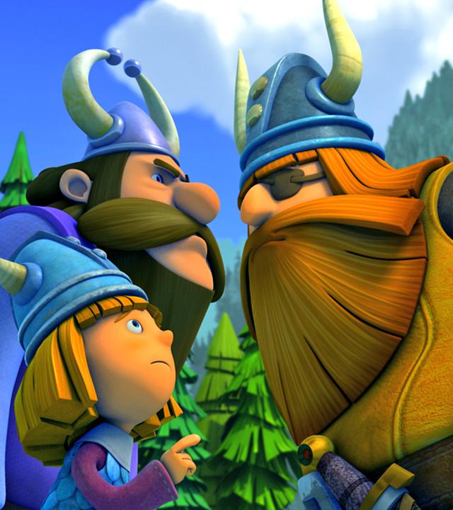 Halvar und Baltak stehen beinahe Nase an Nase und sehen sich böse an. Zwischen ihnen steht Wickie.