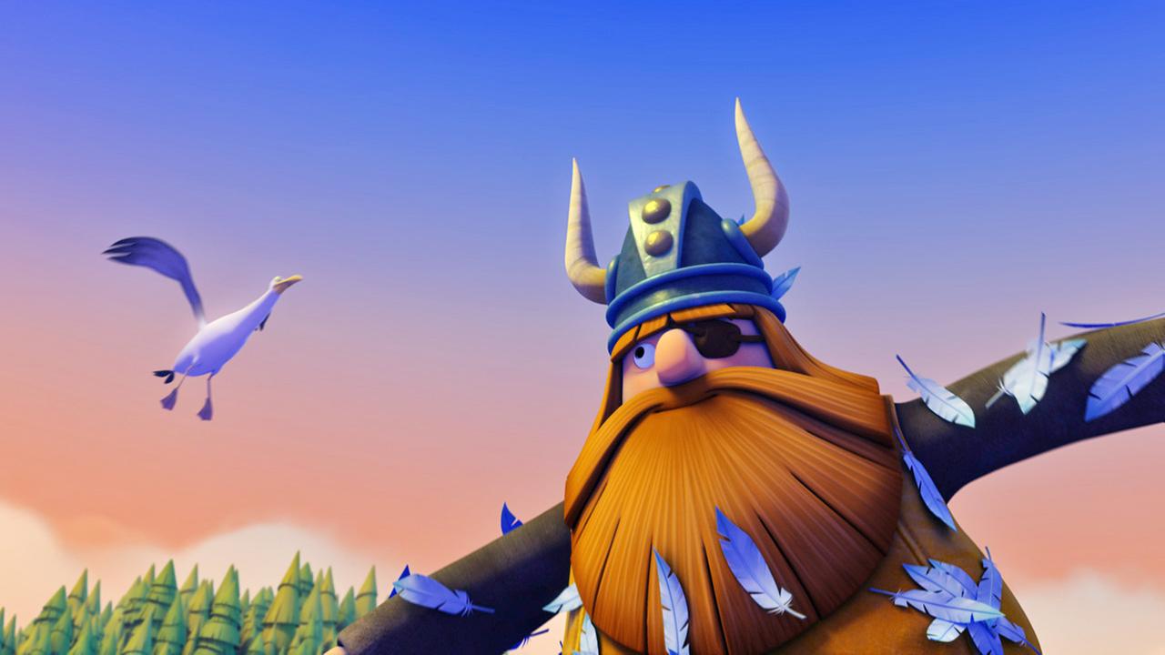 Während des Sonnenuntergangs steht Halvar mit ausgebreiteten Armen da, eine Möwe fliegt über seinen Kopf. An seinem Oberkörper kleben Federn.