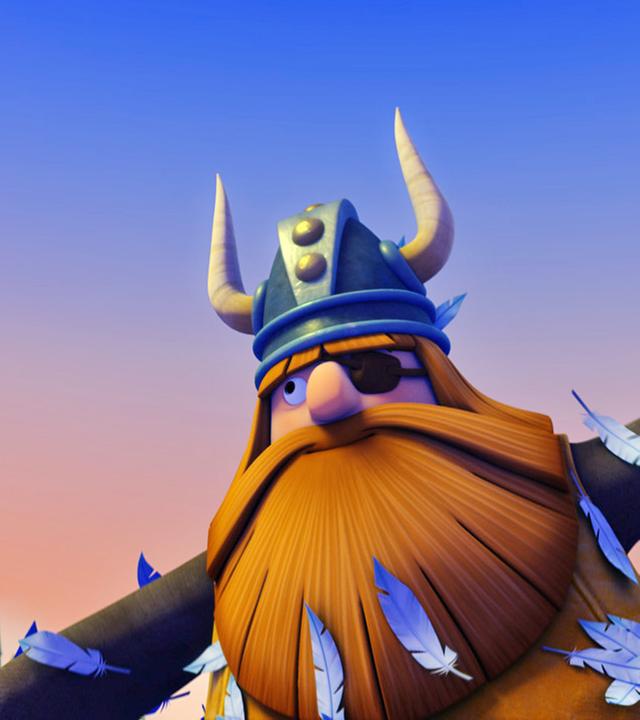 Während des Sonnenuntergangs steht Halvar mit ausgebreiteten Armen da, eine Möwe fliegt über seinen Kopf. An seinem Oberkörper kleben Federn.