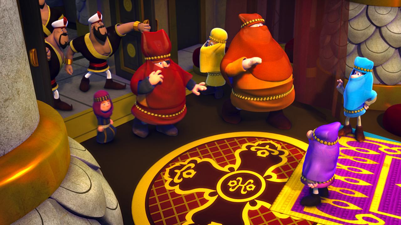 Die Wikinger haben sich als Haremsfrauen verkleidet. Sie spazieren an den Wachen vorbei und gehen durch das Tor. Dort werden sie von zwei Männern, ebenfalls in Haremstracht, empfangen.