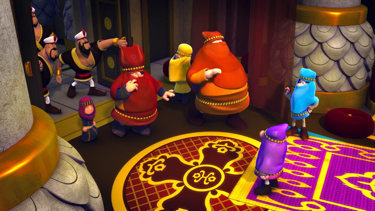 Die Wikinger haben sich als Haremsfrauen verkleidet. Sie spazieren an den Wachen vorbei und gehen durch das Tor. Dort werden sie von zwei Männern, ebenfalls in Haremstracht, empfangen.