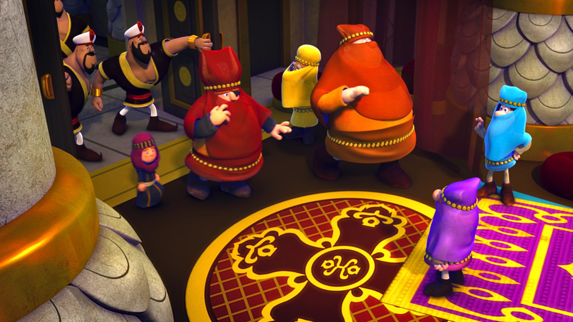 Die Wikinger haben sich als Haremsfrauen verkleidet. Sie spazieren an den Wachen vorbei und gehen durch das Tor. Dort werden sie von zwei Männern, ebenfalls in Haremstracht, empfangen.