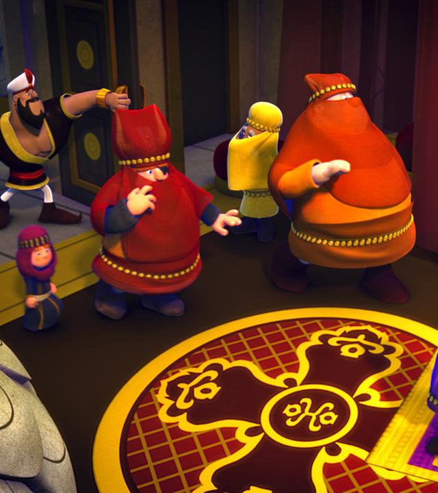 Die Wikinger haben sich als Haremsfrauen verkleidet. Sie spazieren an den Wachen vorbei und gehen durch das Tor. Dort werden sie von zwei Männern, ebenfalls in Haremstracht, empfangen.