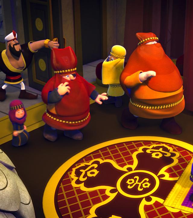 Die Wikinger haben sich als Haremsfrauen verkleidet. Sie spazieren an den Wachen vorbei und gehen durch das Tor. Dort werden sie von zwei Männern, ebenfalls in Haremstracht, empfangen.