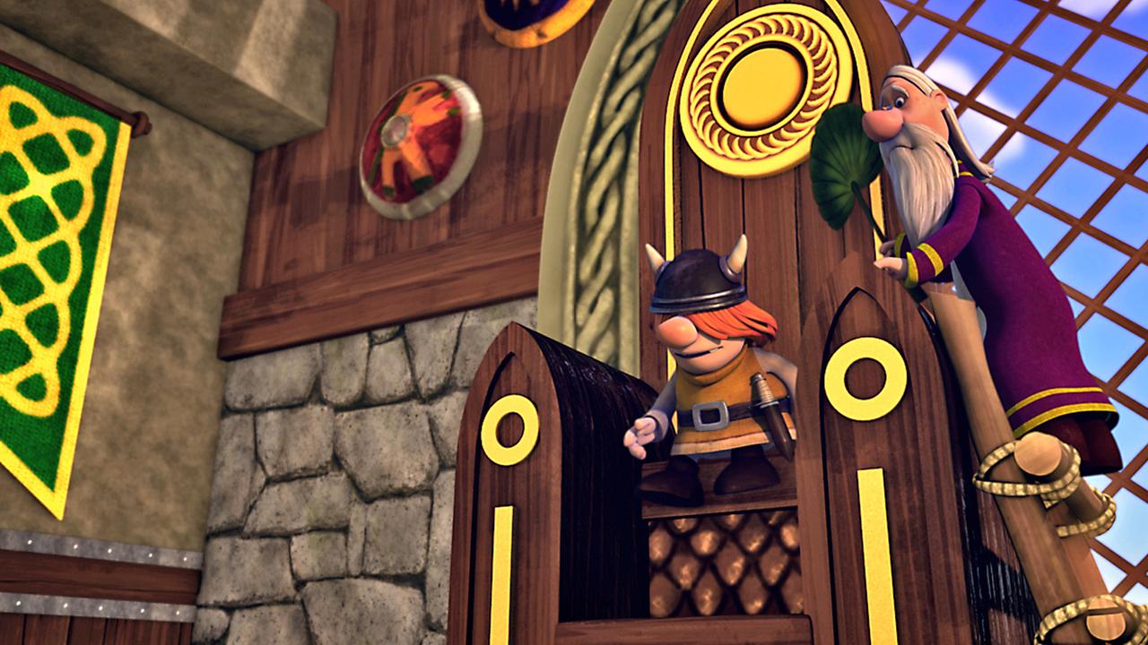 Snorre sitzt auf dem Thron des Inselvolkes, das ihn zum König krönen möchte. Neben ihm wedelt jemand mit einem Fächer Luft zu.