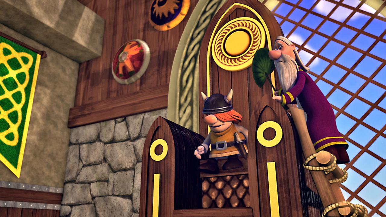 Snorre sitzt auf dem Thron des Inselvolkes, das ihn zum König krönen möchte. Neben ihm wedelt jemand mit einem Fächer Luft zu.