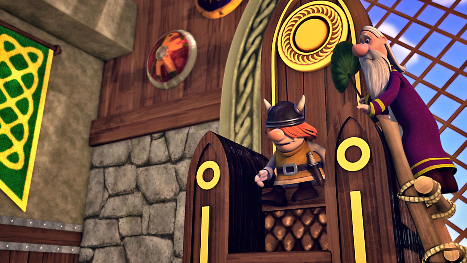 Snorre sitzt auf dem Thron des Inselvolkes, das ihn zum König krönen möchte. Neben ihm wedelt jemand mit einem Fächer Luft zu.