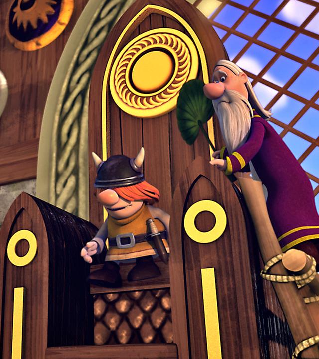 Snorre sitzt auf dem Thron des Inselvolkes, das ihn zum König krönen möchte. Neben ihm wedelt jemand mit einem Fächer Luft zu.