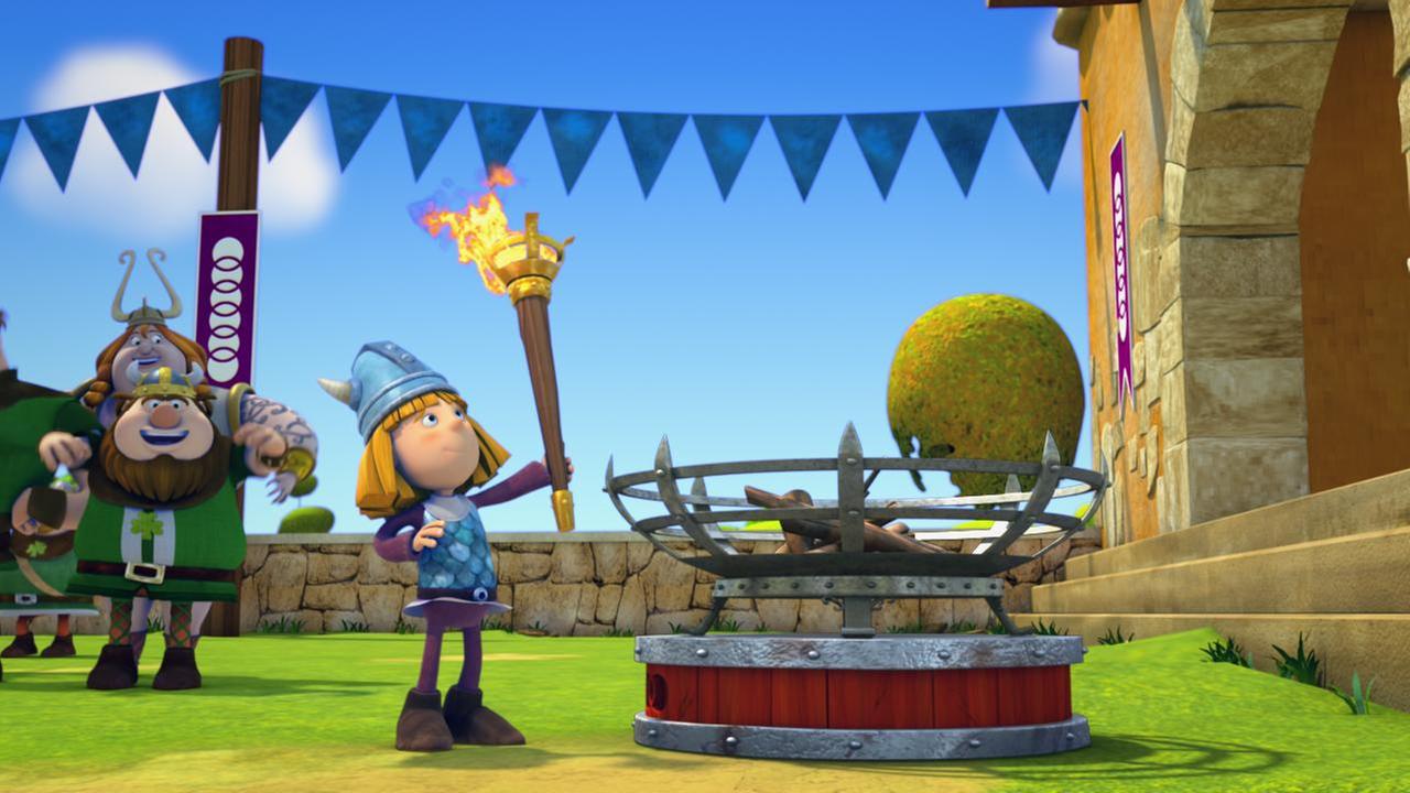 Wickie trägt die olympische Fackel.