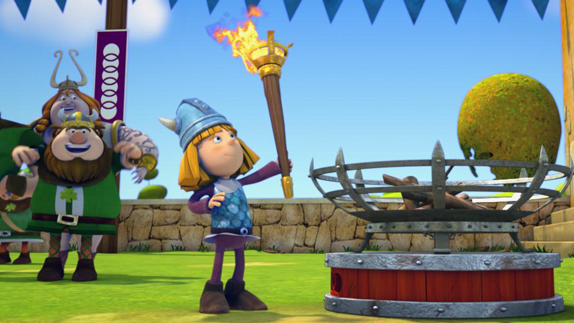 Wickie trägt die olympische Fackel.