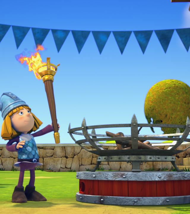 Wickie trägt die olympische Fackel.