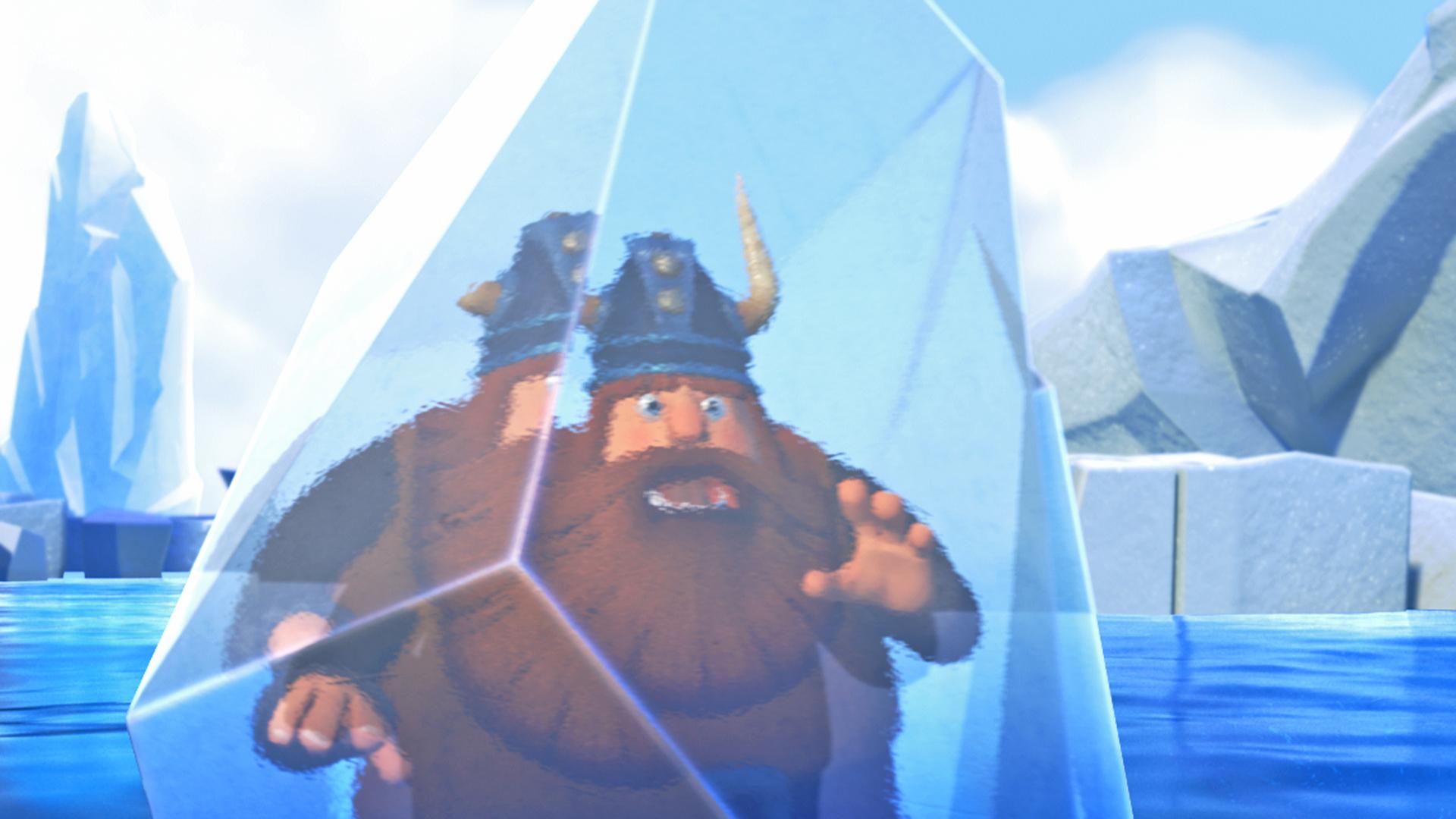 Wikinger Olaf steckt in einem riesigen Eisblock.